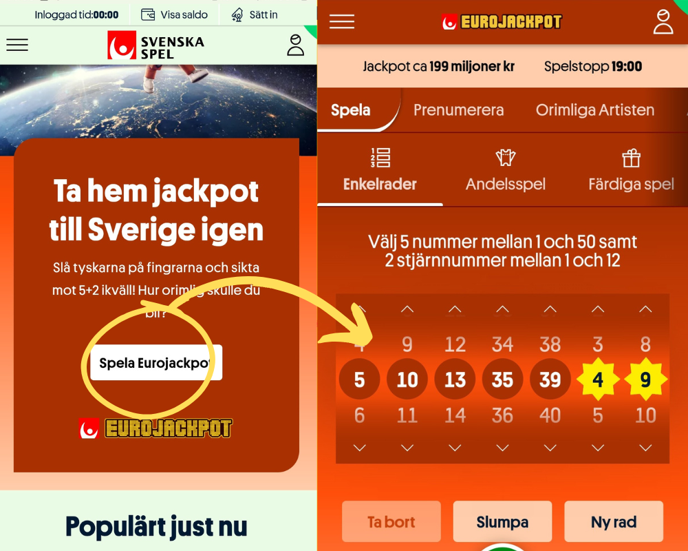 För att spela på Eurojackpot går du först till Svenska Spel Tur