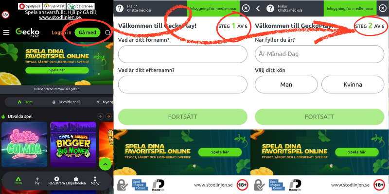 Hur man registrerar sig hos GeckoPlay: steg 1 och 2.