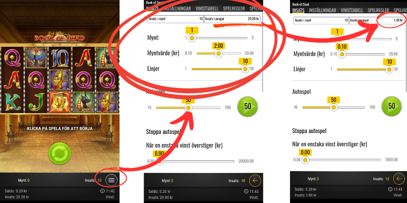 Hur man ändrar myntvärdet i Book of Dead från Play'N GO