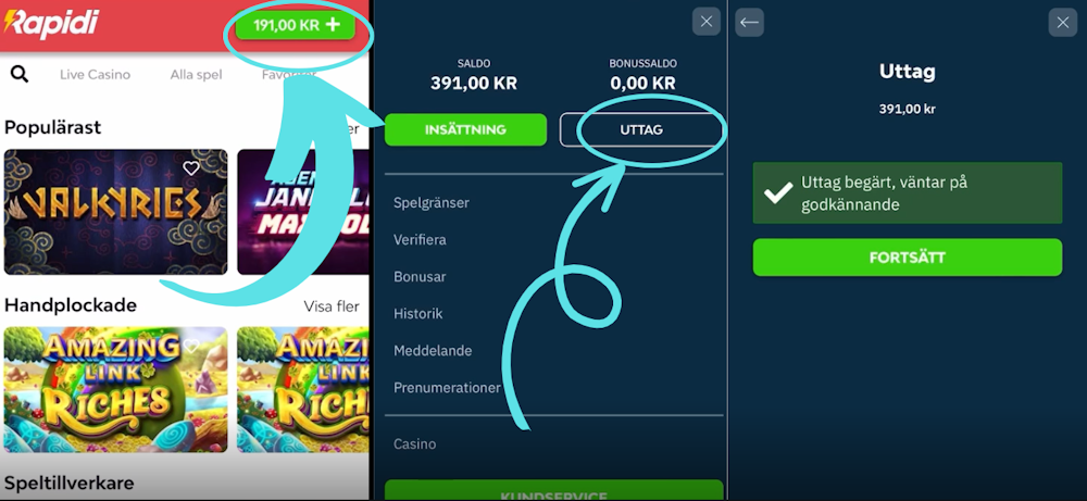 Rapidi casino uttag