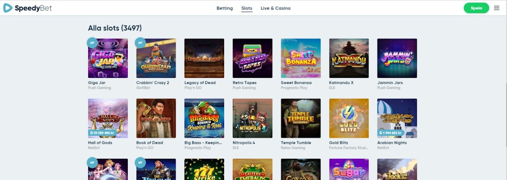 SpeedyBet casino spelutbud