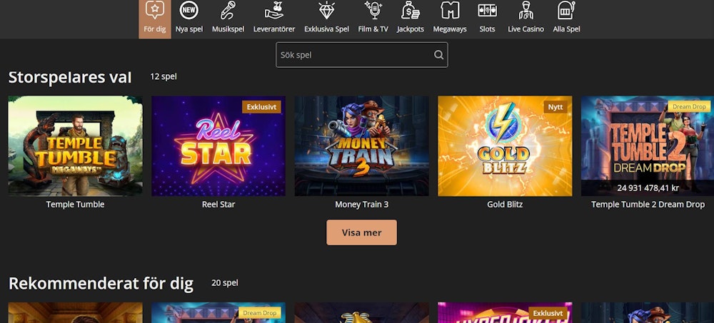 Storspelare casino spelutbud