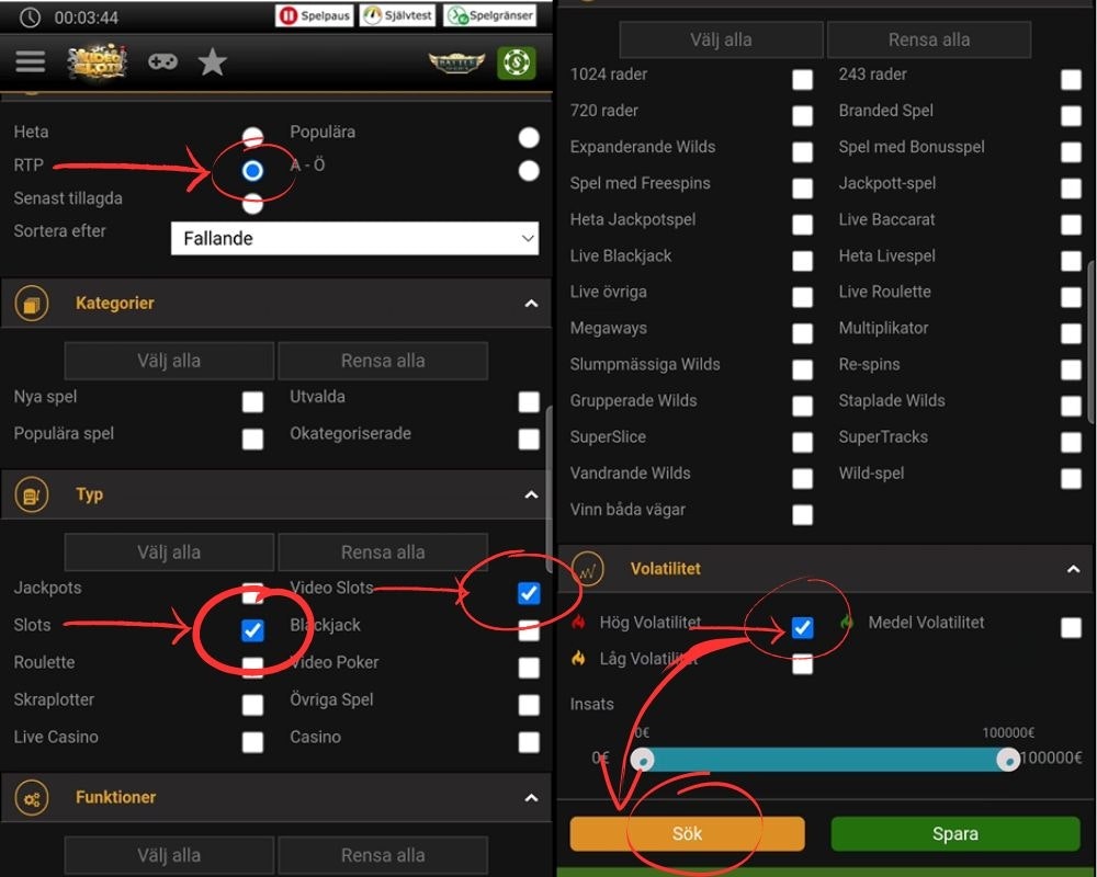 Här filtrerar vi slots & videoslots i filtersystemet