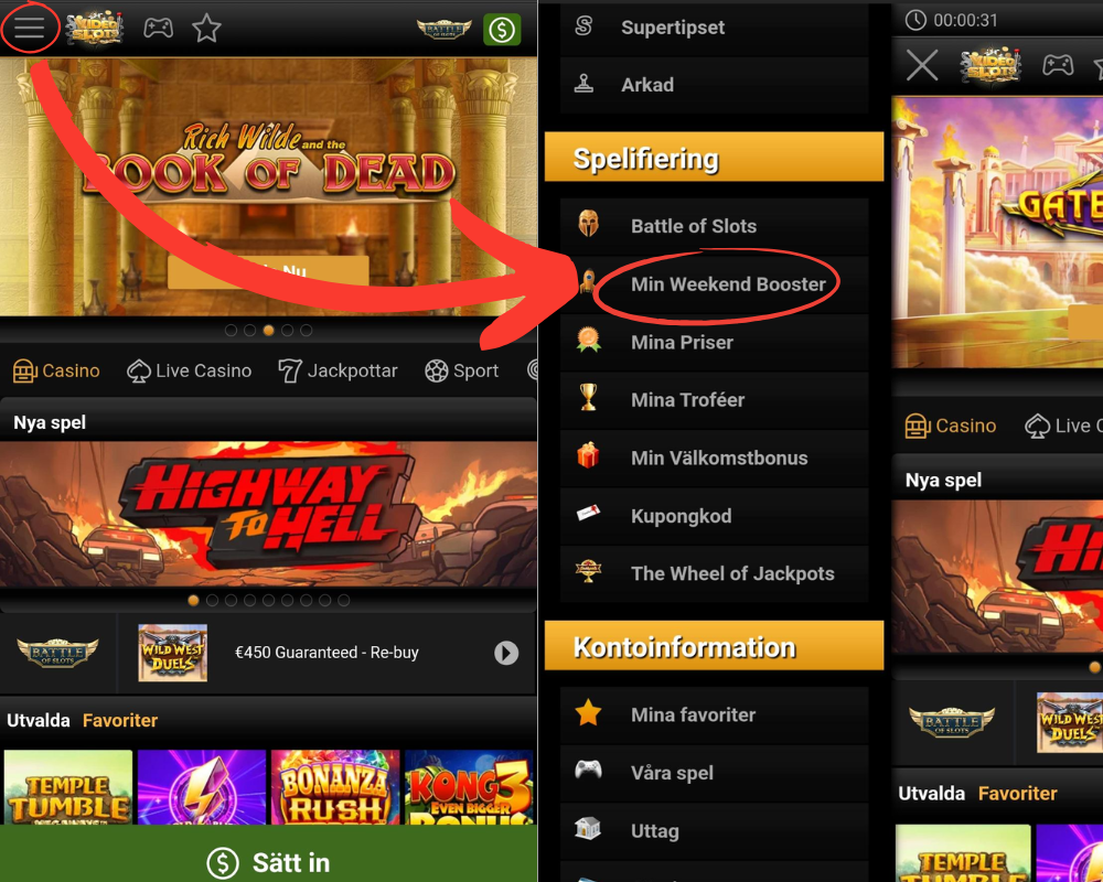 Weekend booster ligger i sidomenyn hos Videoslots
